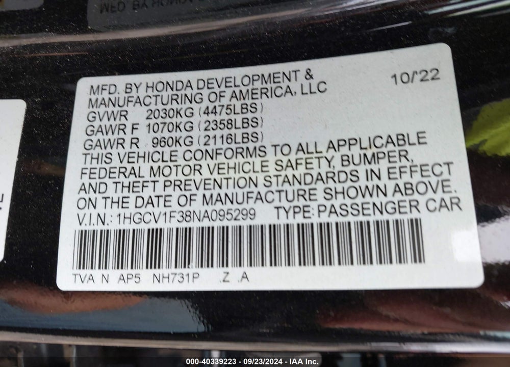 2022 HONDA ACCORD SPORT VIN: 1HGCV1F38NA095299