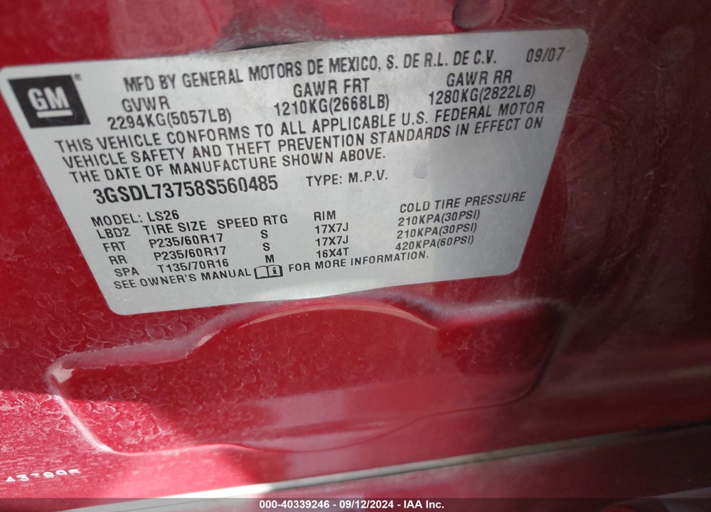 2008 SATURN VUE V6 XR VIN: 3GSDL73758S560485
