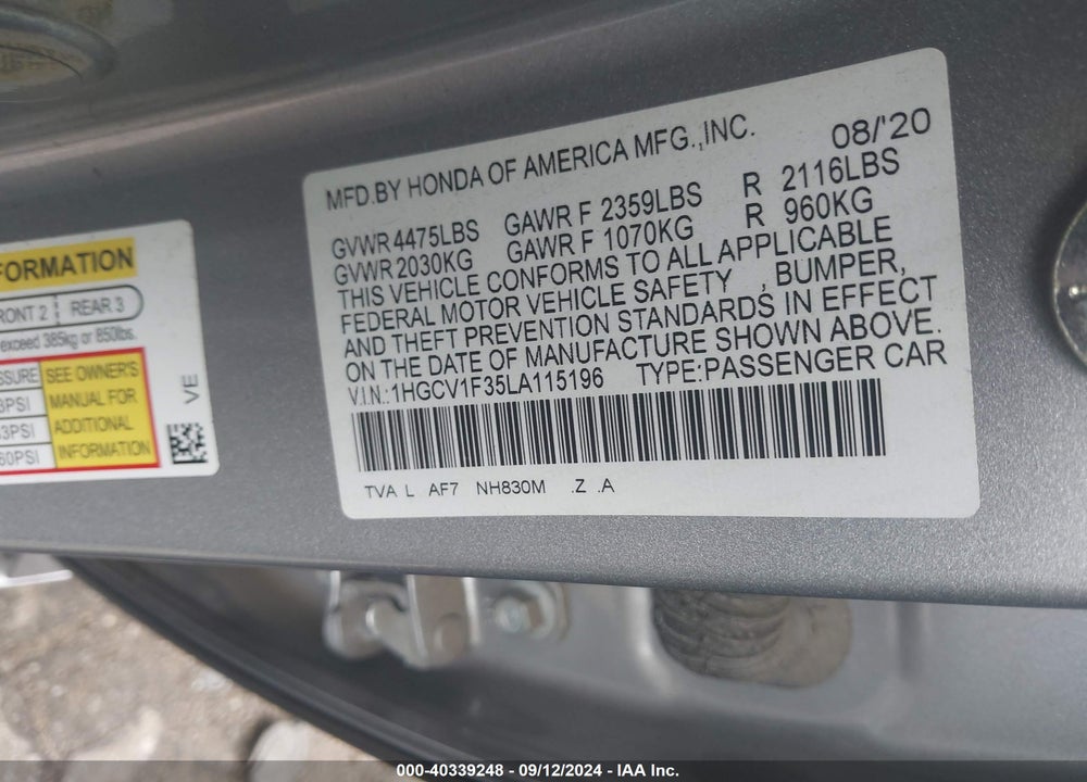 2020 HONDA ACCORD SPORT VIN: 1HGCV1F35LA115196