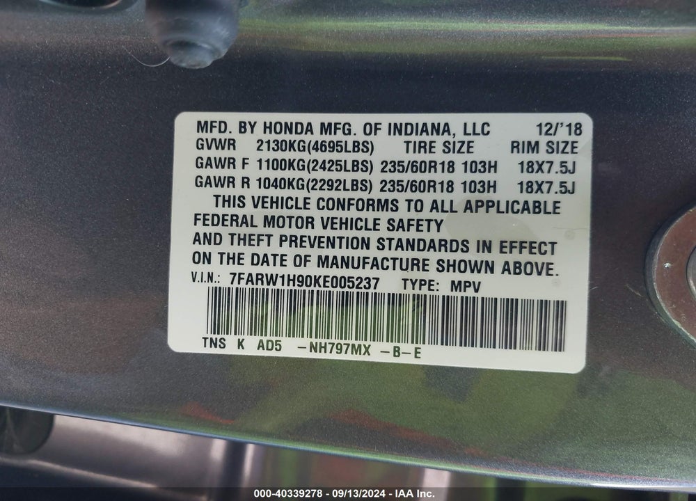 2019 HONDA CR-V TOURING VIN: 7FARW1H90KE005237