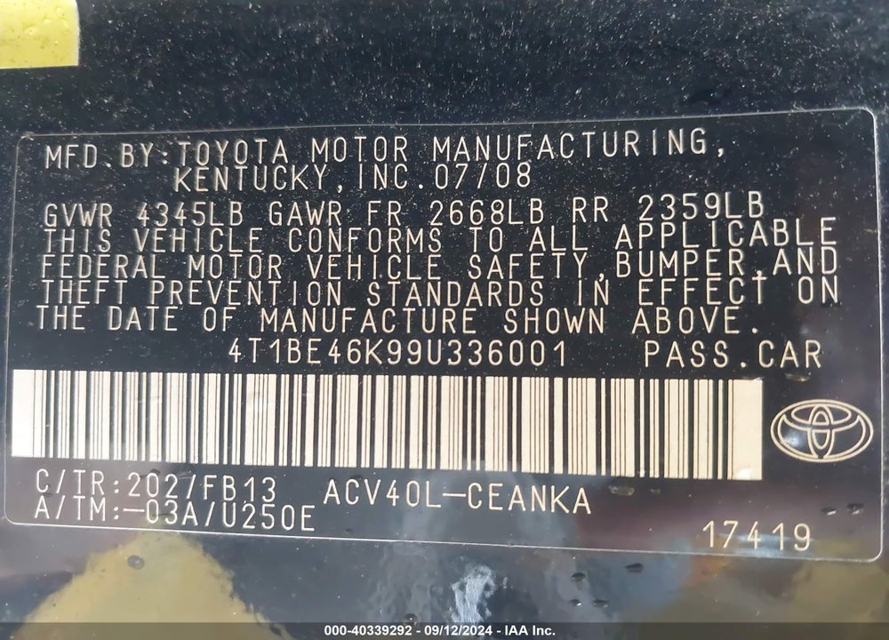 2009 TOYOTA CAMRY LE VIN: 4T1BE46K99U336001