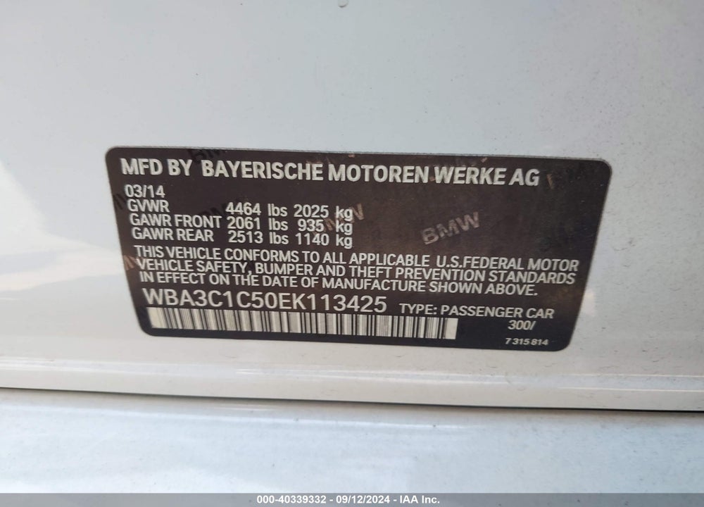 2014 BMW 328I VIN: WBA3C1C50EK113425