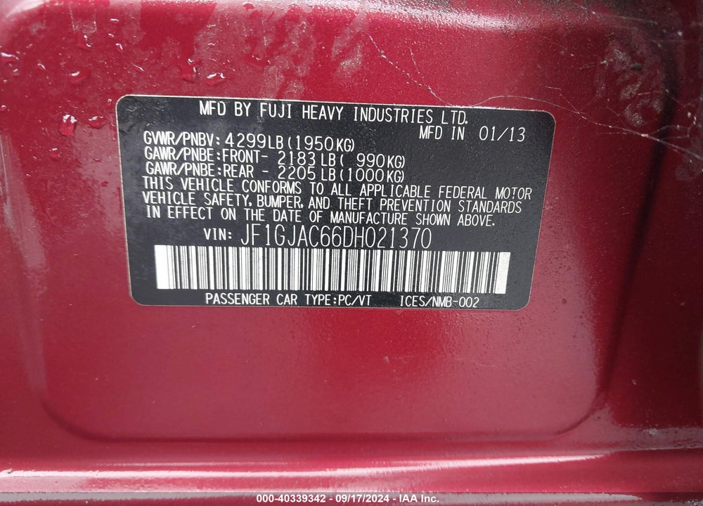 2013 SUBARU IMPREZA 2.0I PREMIUM VIN: JF1GJAC66DH021370