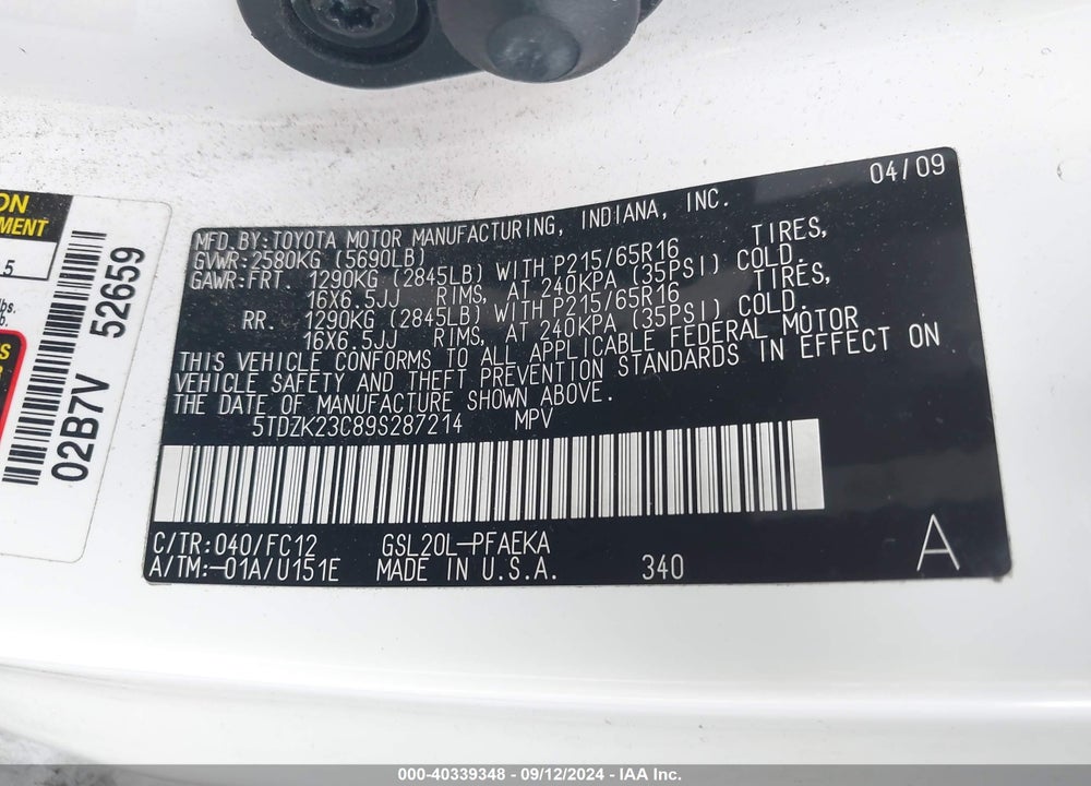 2009 TOYOTA SIENNA LE VIN: 5TDZK23C89S287214