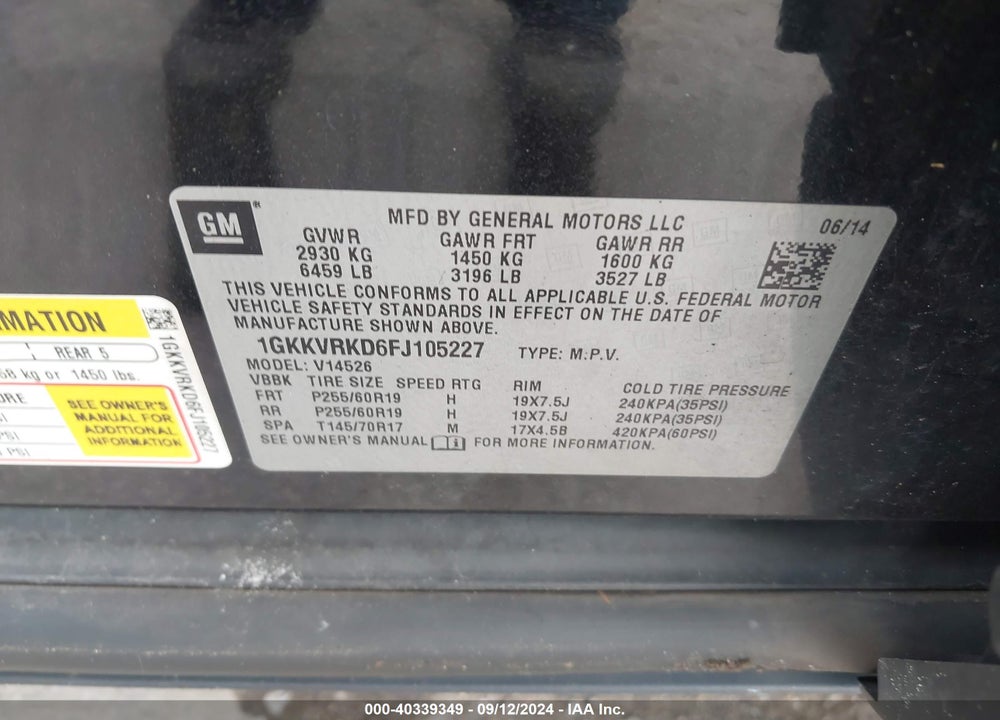 2015 GMC ACADIA SLT-1 VIN: 1GKKVRKD6FJ105227