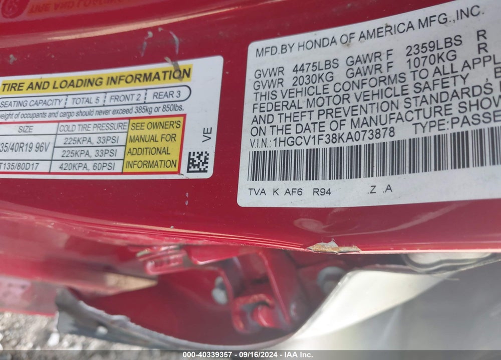 2019 HONDA ACCORD SPORT VIN: 1HGCV1F38KA073878