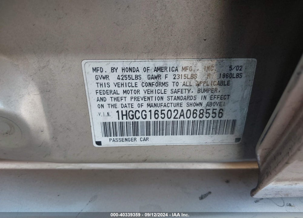 2002 HONDA ACCORD 3.0 EX VIN: 1HGCG16502A068556
