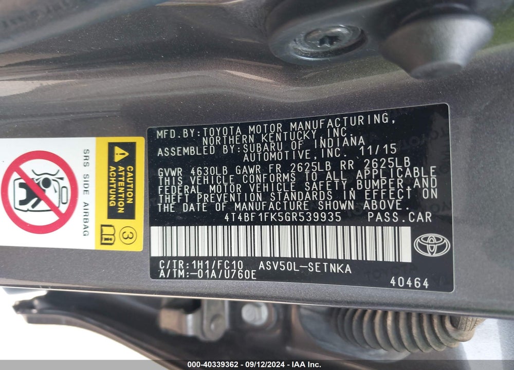 2016 TOYOTA CAMRY LE VIN: 4T4BF1FK5GR539935