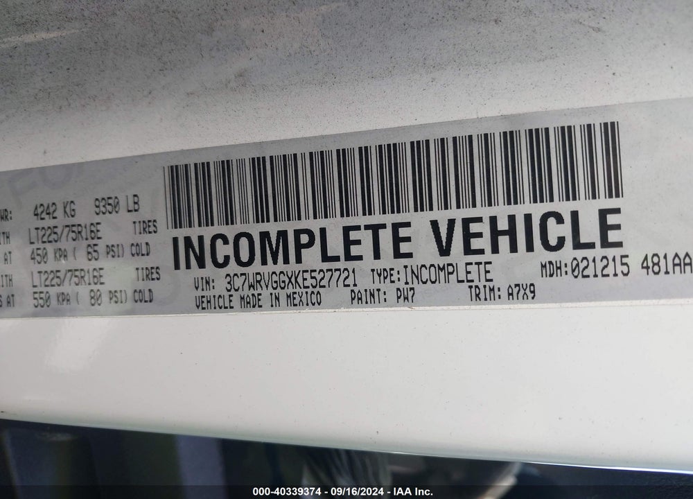 2019 RAM PROMASTER 3500 CAB VIN: 3C7WRVGGXKE527721