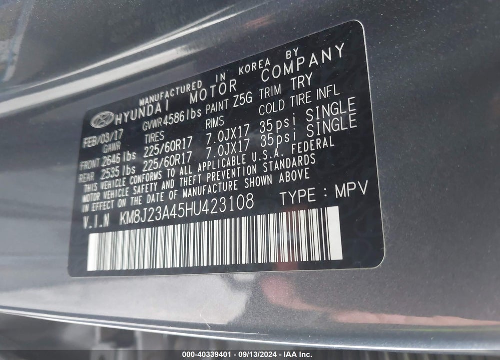 2017 HYUNDAI TUCSON SE VIN: KM8J23A45HU423108
