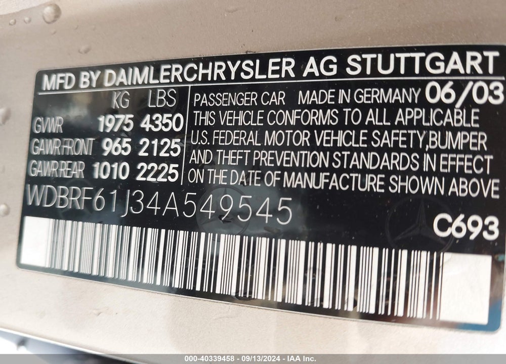 2004 MERCEDES-BENZ C 240 VIN: WDBRF61J34A549545