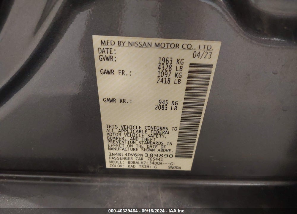 2023 NISSAN ALTIMA SV FWD VIN: 1N4BL4DV6PN389890