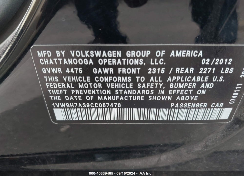 2012 VOLKSWAGEN PASSAT 2.5L SE VIN: 1VWBH7A39CC057476