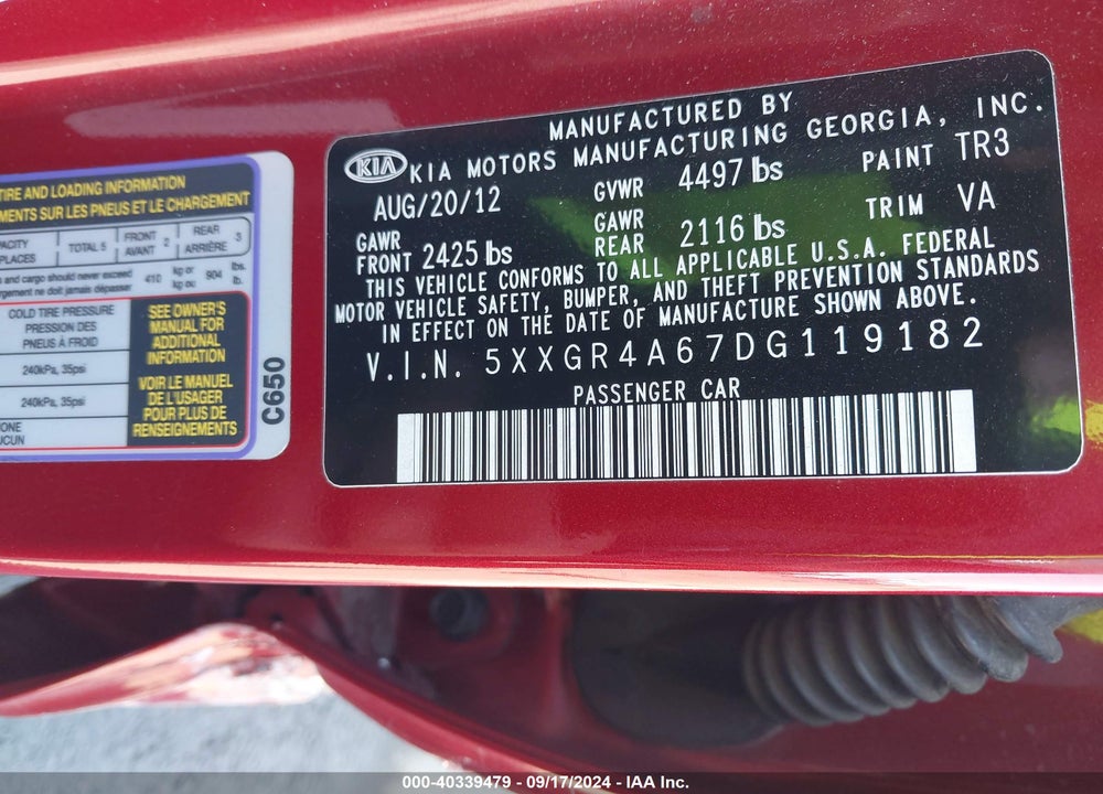2013 KIA OPTIMA SX VIN: 5XXGR4A67DG119182