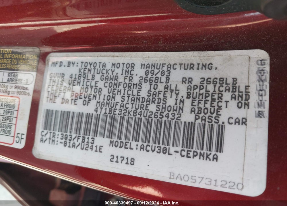 2004 TOYOTA CAMRY LE VIN: 4T1BE32K84U265432