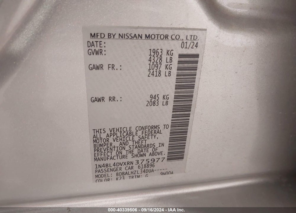 2024 NISSAN ALTIMA SV FWD VIN: 1N4BL4DVXRN375977