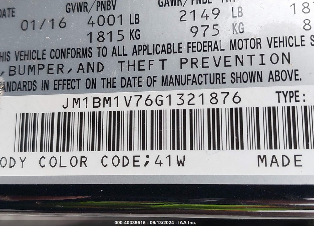 2016 MAZDA 3 I TOURING VIN: JM1BM1V76G1321876