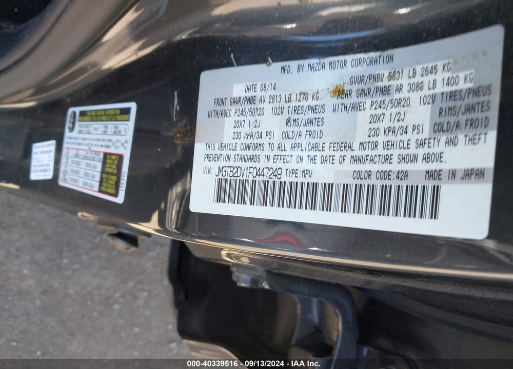 2015 MAZDA CX-9 GRAND TOURING VIN: JM3TB2DV1F0447249