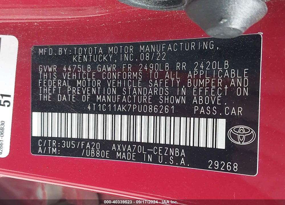 2023 TOYOTA CAMRY LE VIN: 4T1C11AK7PU086261