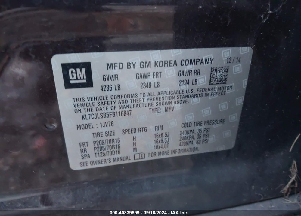2015 CHEVROLET TRAX LT VIN: KL7CJLSB5FB116847
