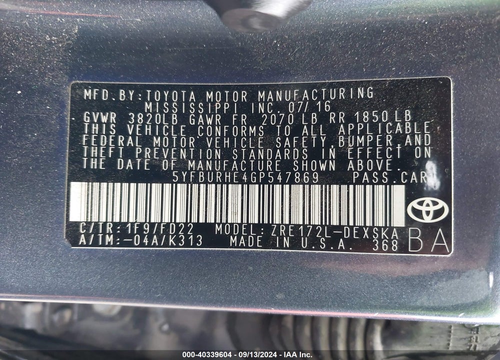 2016 TOYOTA COROLLA S PLUS VIN: 5YFBURHE4GP547869