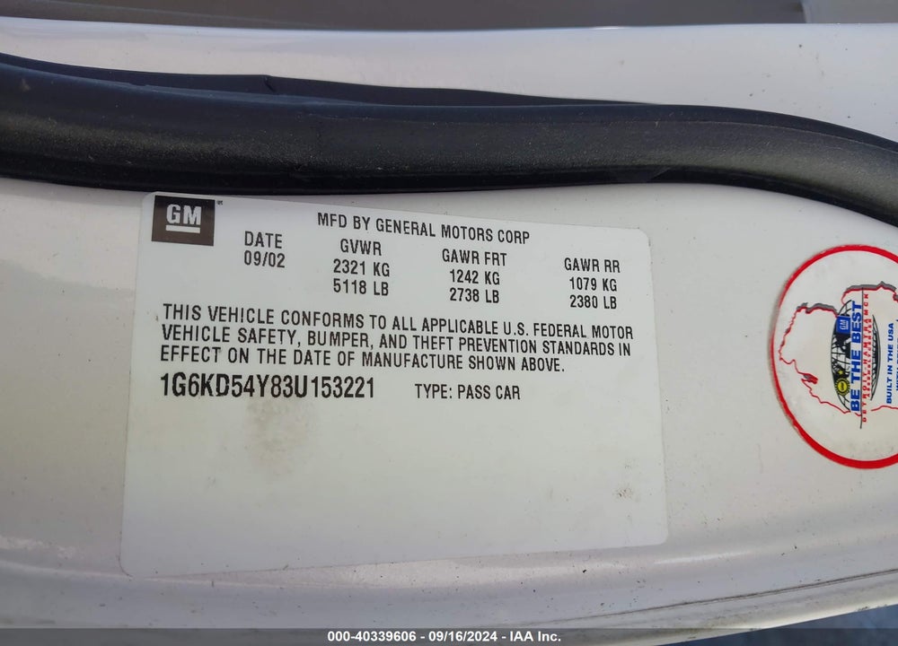 2003 CADILLAC DEVILLE STANDARD VIN: 1G6KD54Y83U153221