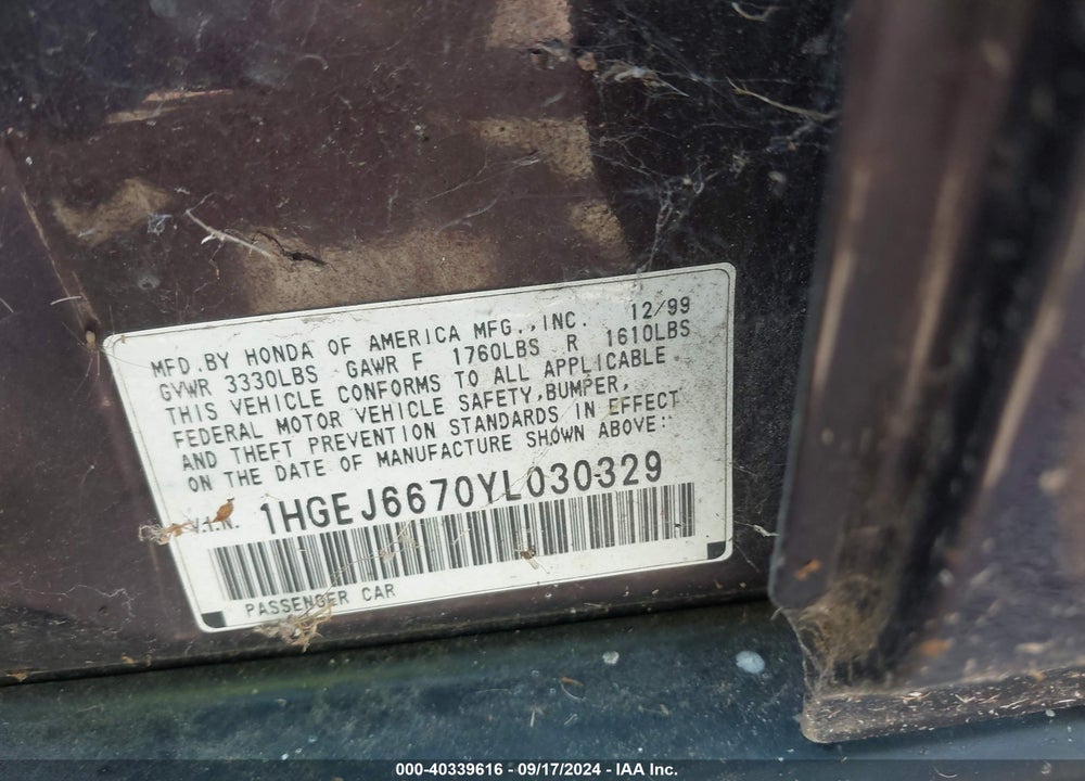 2000 HONDA CIVIC LX VIN: 1HGEJ6670YL030329