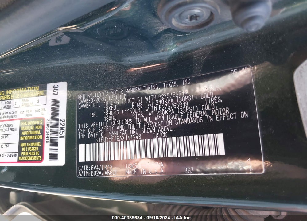 2010 TOYOTA TUNDRA GRADE 5.7L V8 VIN: 5TFUY5F18AX144248