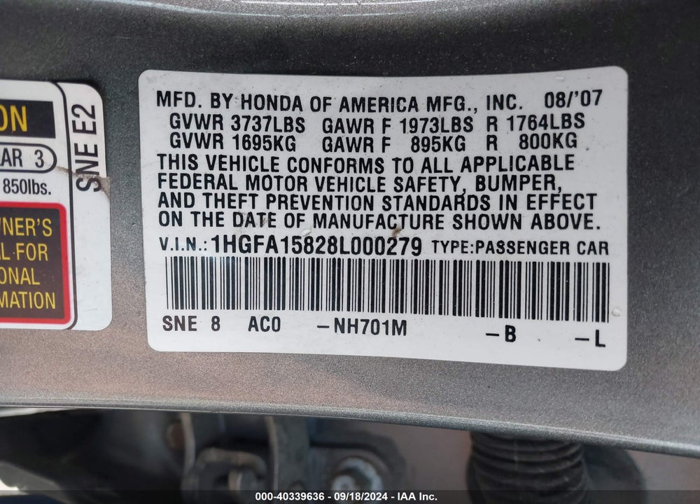 2008 HONDA CIVIC EX VIN: 1HGFA15828L000279