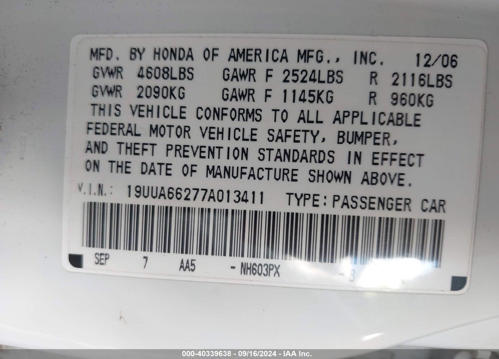 2007 ACURA TL 3.2 VIN: 19UUA66277A013411