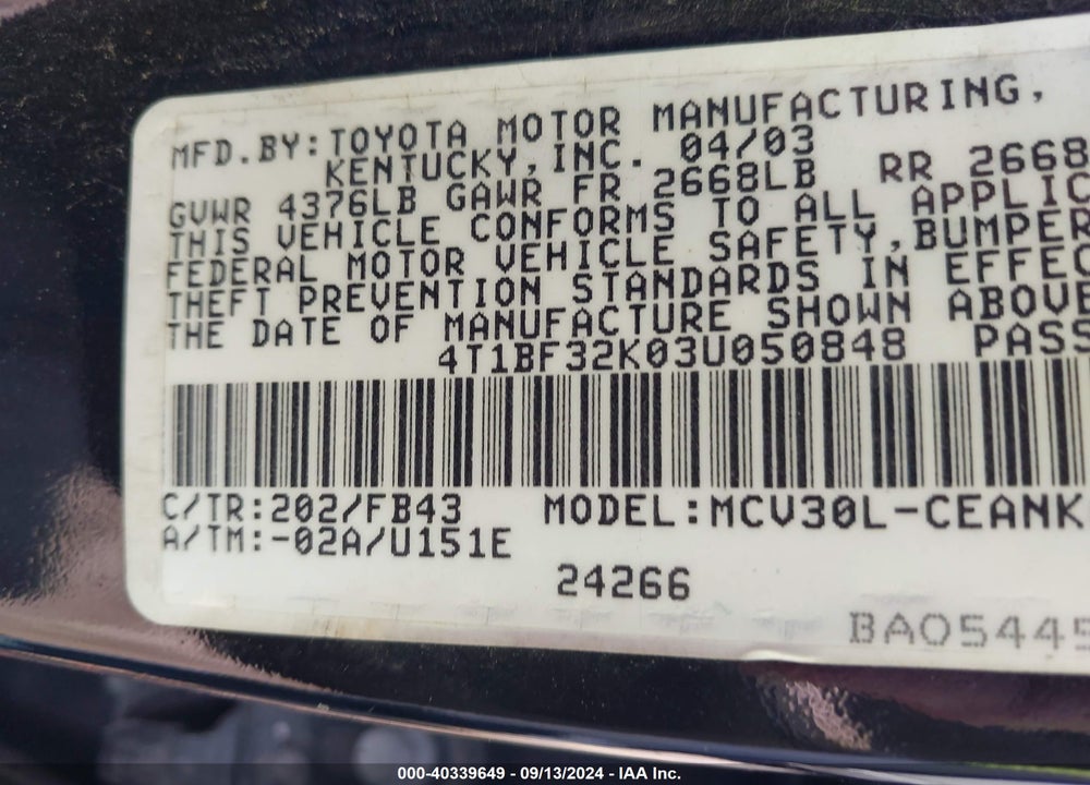 2003 TOYOTA CAMRY LE VIN: 4T1BF32K03U050848