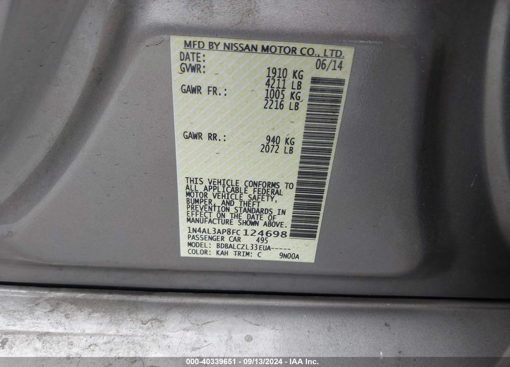 2015 NISSAN ALTIMA 2.5/2.5 S/2.5 SL/2.5 SV VIN: 1N4AL3AP8FC124698