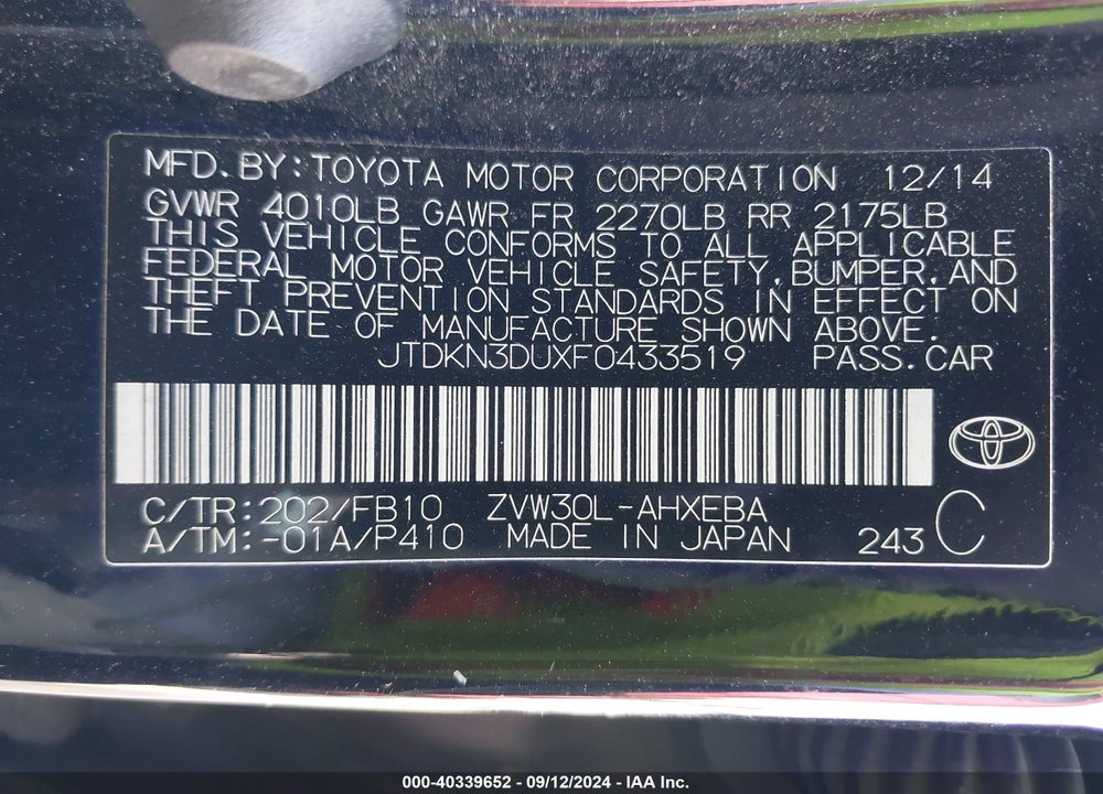 2015 TOYOTA PRIUS TWO VIN: JTDKN3DUXF0433519