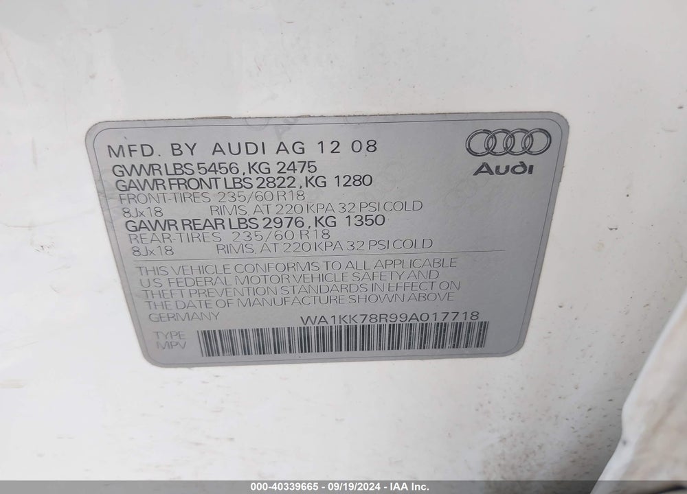 2009 AUDI Q5 3.2 PREMIUM VIN: WA1KK78R99A017718
