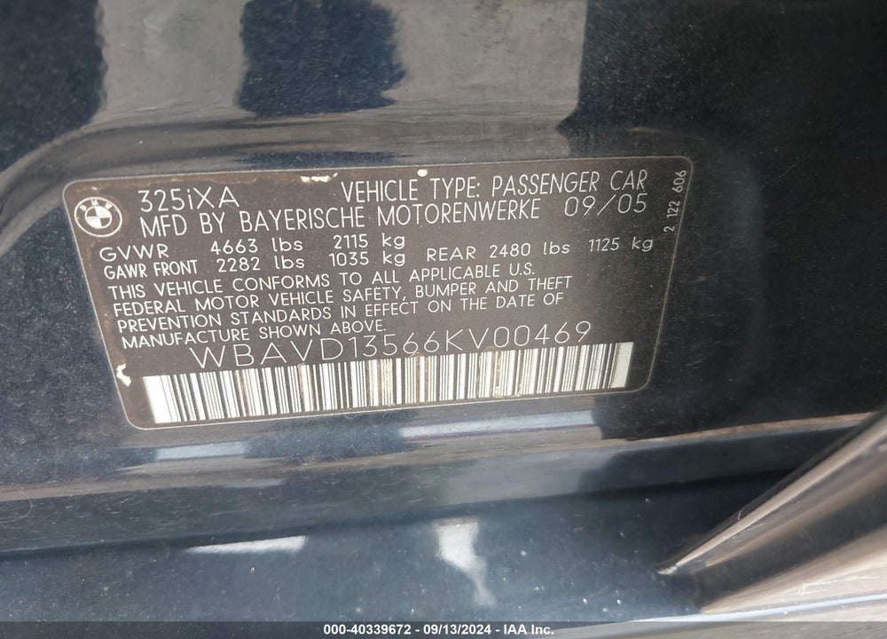 2006 BMW 325XI VIN: WBAVD13566KV00469