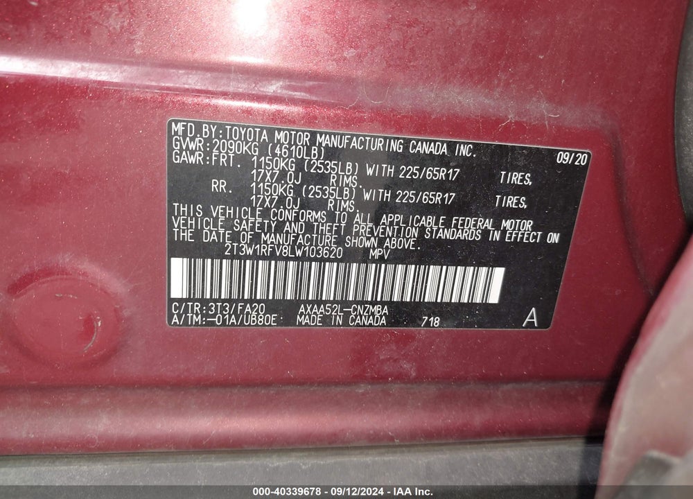 2020 TOYOTA RAV4 XLE VIN: 2T3W1RFV8LW103620