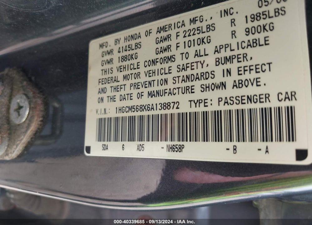 2006 HONDA ACCORD 2.4 EX VIN: 1HGCM568X6A138872