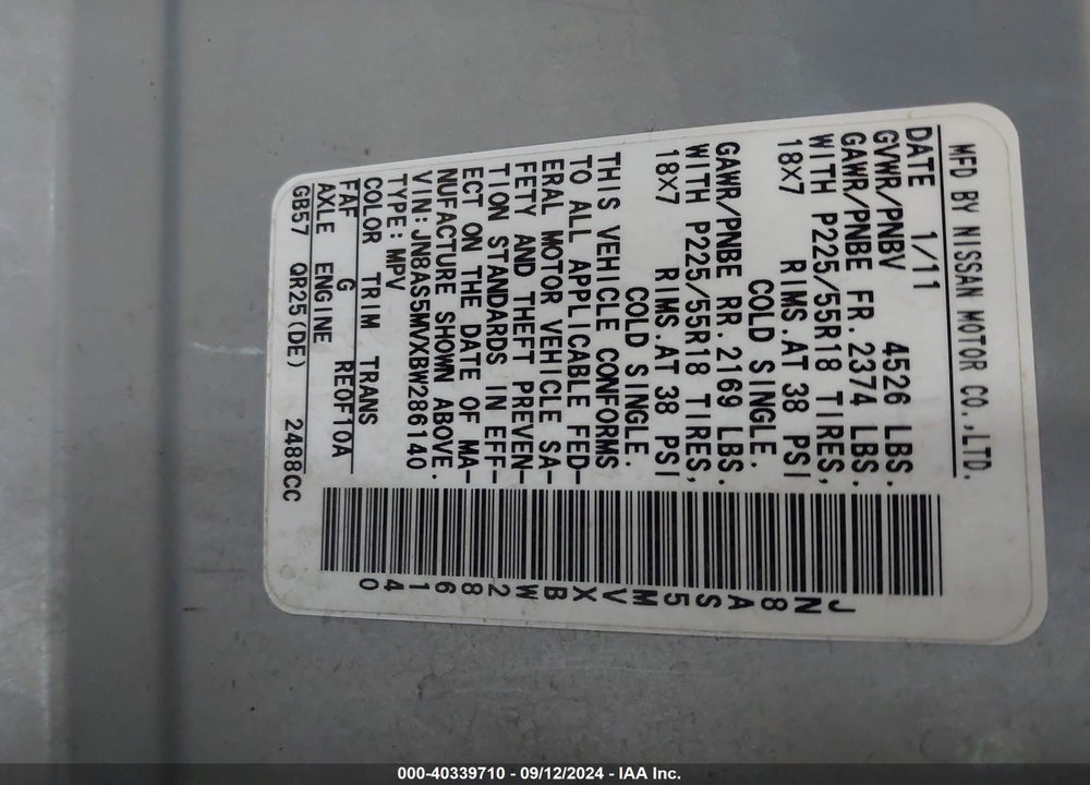 2011 NISSAN ROGUE SV VIN: JN8AS5MVXBW286140