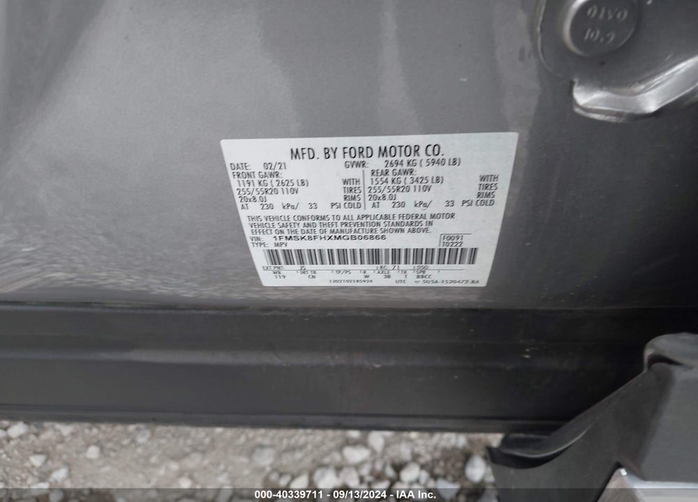 2021 FORD EXPLORER LIMITED VIN: 1FMSK8FHXMGB06866