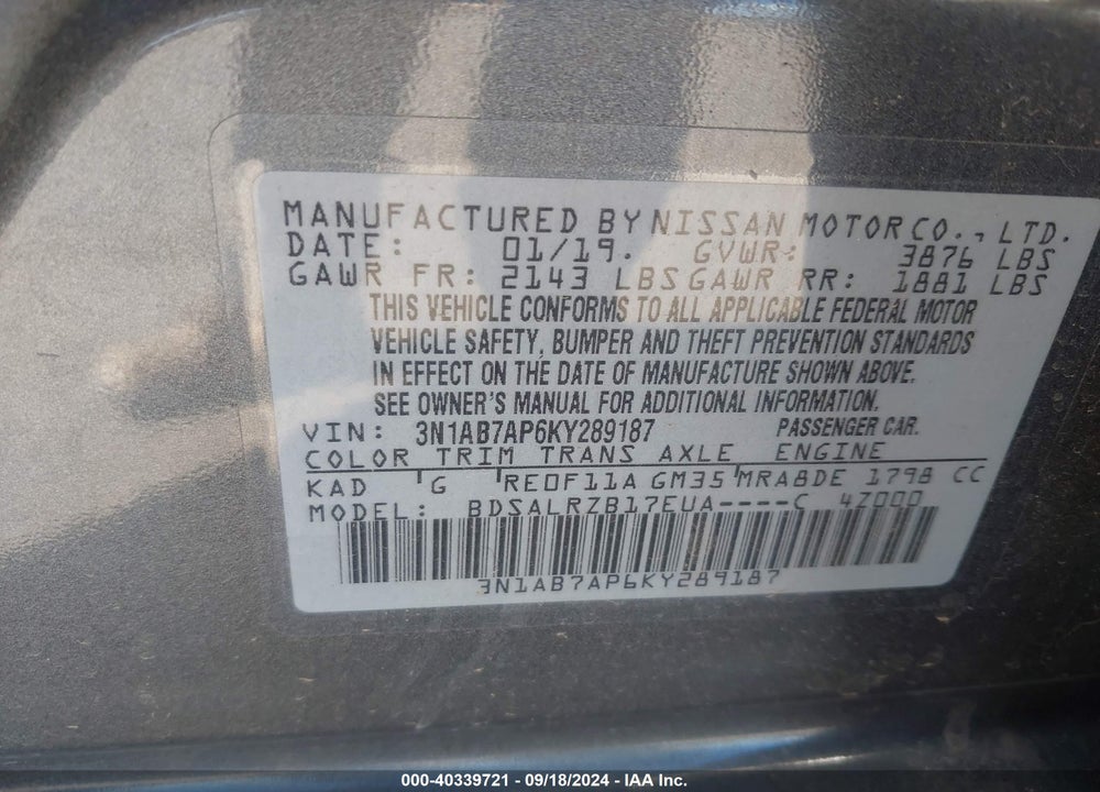 2019 NISSAN SENTRA SR VIN: 3N1AB7AP6KY289187