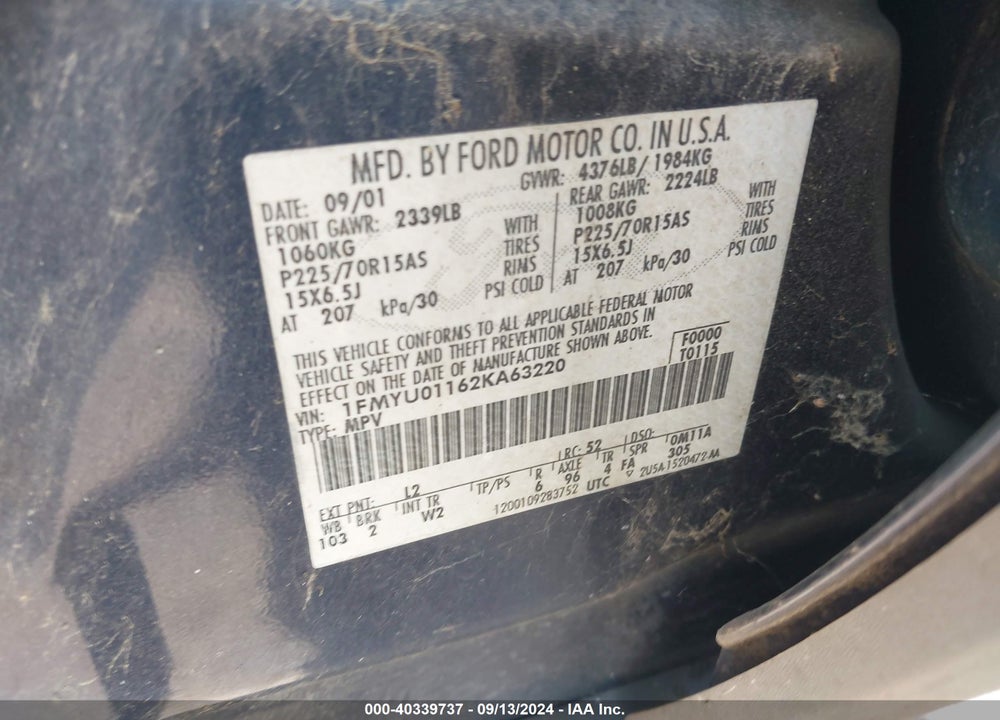 2002 FORD ESCAPE XLS VIN: 1FMYU01162KA63220