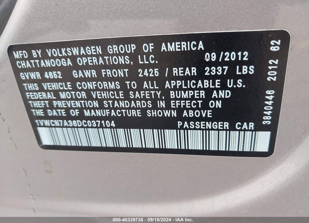 2013 VOLKSWAGEN PASSAT 2.0L TDI SEL PREMIUM VIN: 1VWCN7A36DC037104