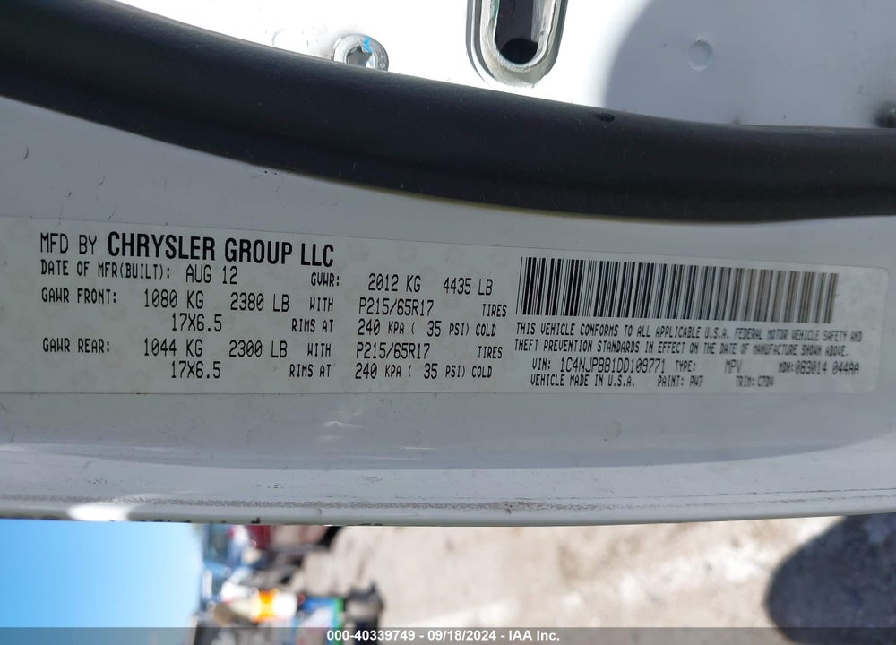 2013 JEEP PATRIOT SPORT VIN: 1C4NJPBB1DD109771