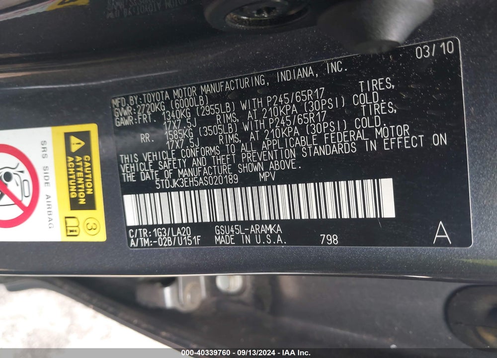 2010 TOYOTA HIGHLANDER SE V6 VIN: 5TDJK3EH5AS020189