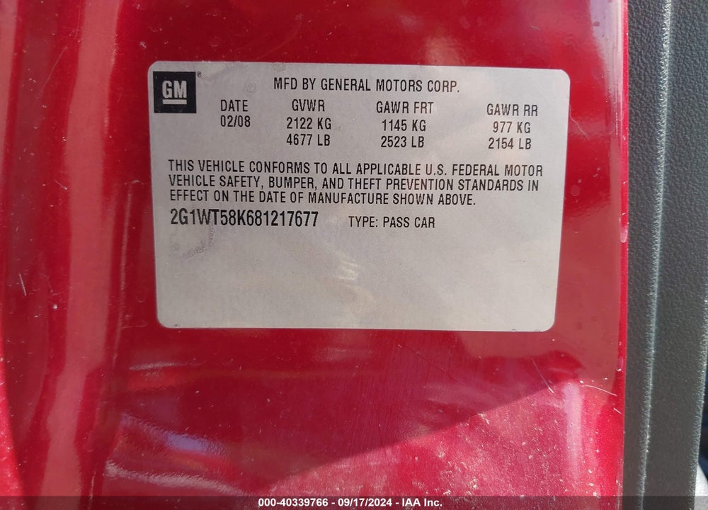 2008 CHEVROLET IMPALA LT VIN: 2G1WT58K681217677