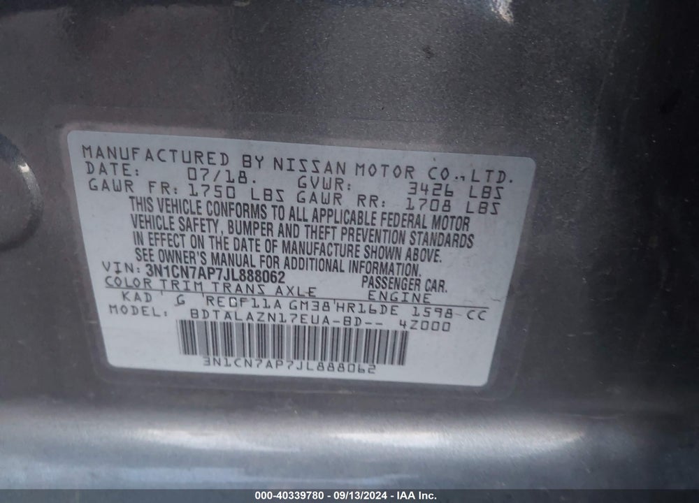 2018 NISSAN VERSA 1.6 S+ VIN: 3N1CN7AP7JL888062