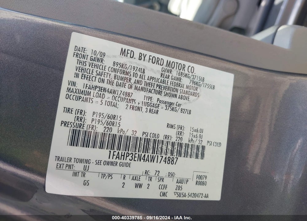 2010 FORD FOCUS S VIN: 1FAHP3EN4AW174887