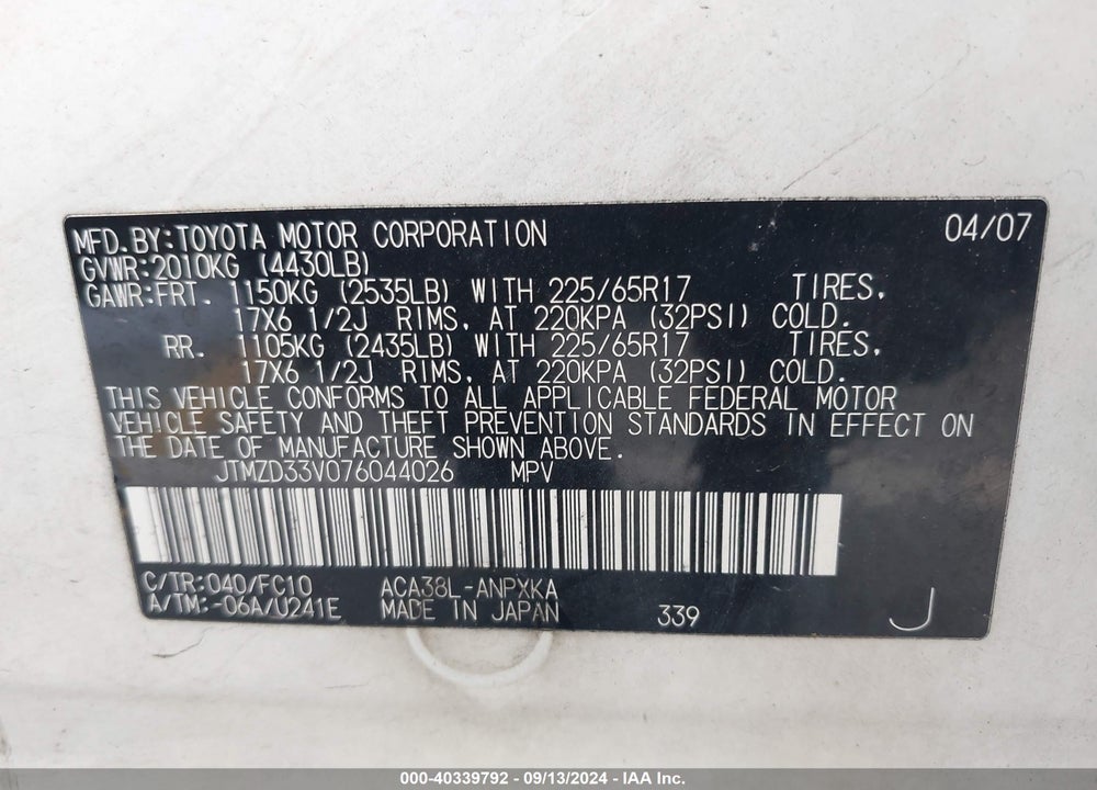2007 TOYOTA RAV4 VIN: JTMZD33V076044026