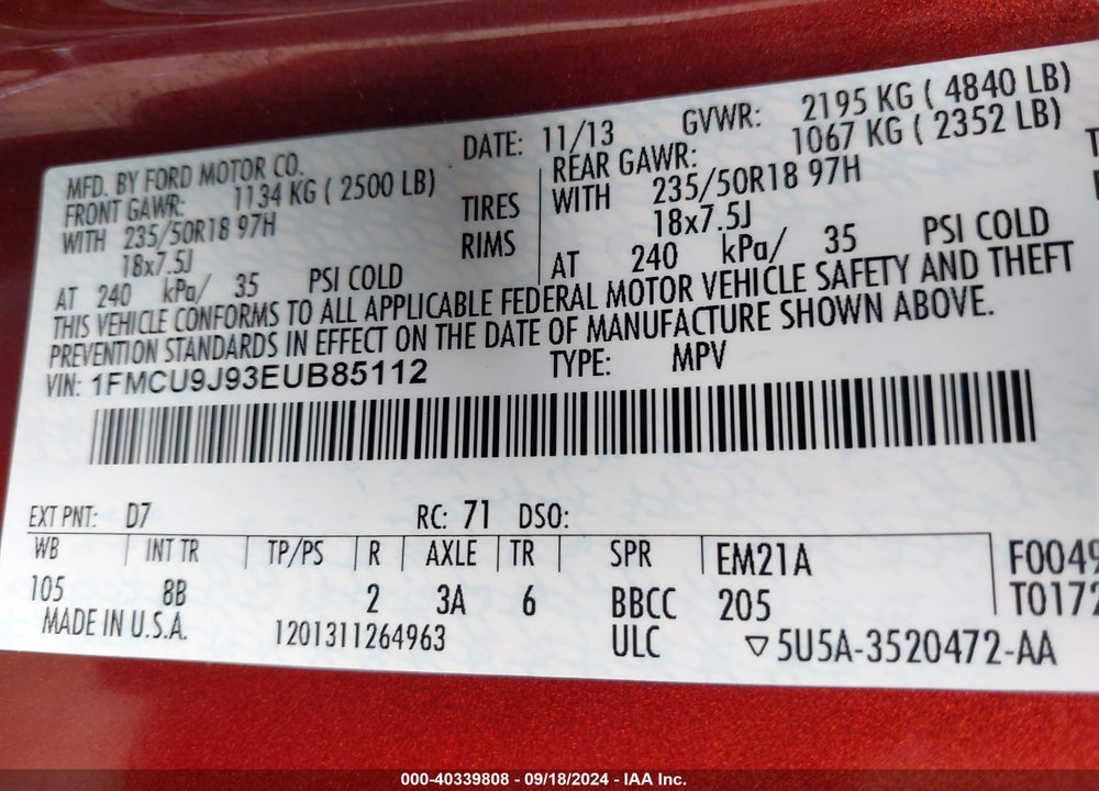 2014 FORD ESCAPE TITANIUM VIN: 1FMCU9J93EUB85112