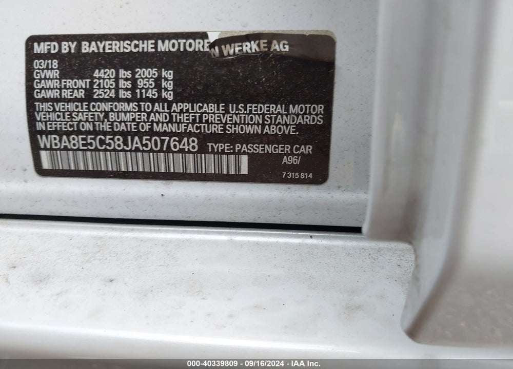 2018 BMW 328D VIN: WBA8E5C58JA507648